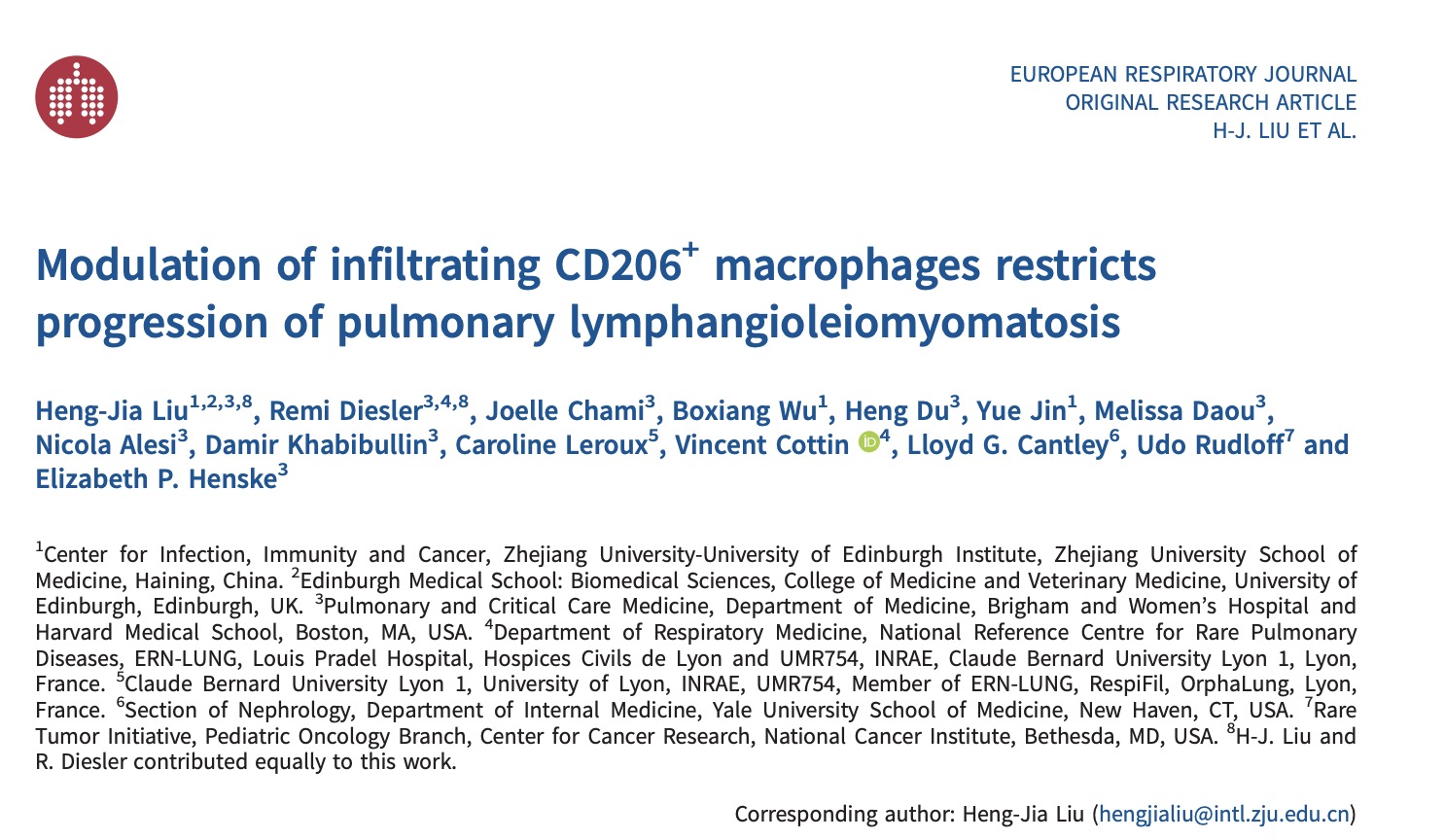 Dr. Heng-Jia Liu's Team Publishes Collaborative Findings in European Respiratory Journal, Revealing New Mechanism of Rare Respiratory Disease lymphangioleiomyomatosis LAM - CD206+ Macrophages