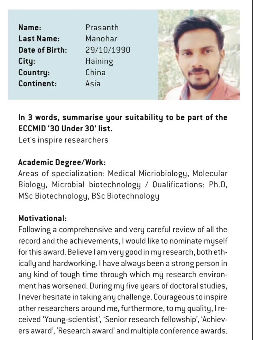 ZJE Post-doctoral researcher Prasanth Manohar was awarded ECCMID