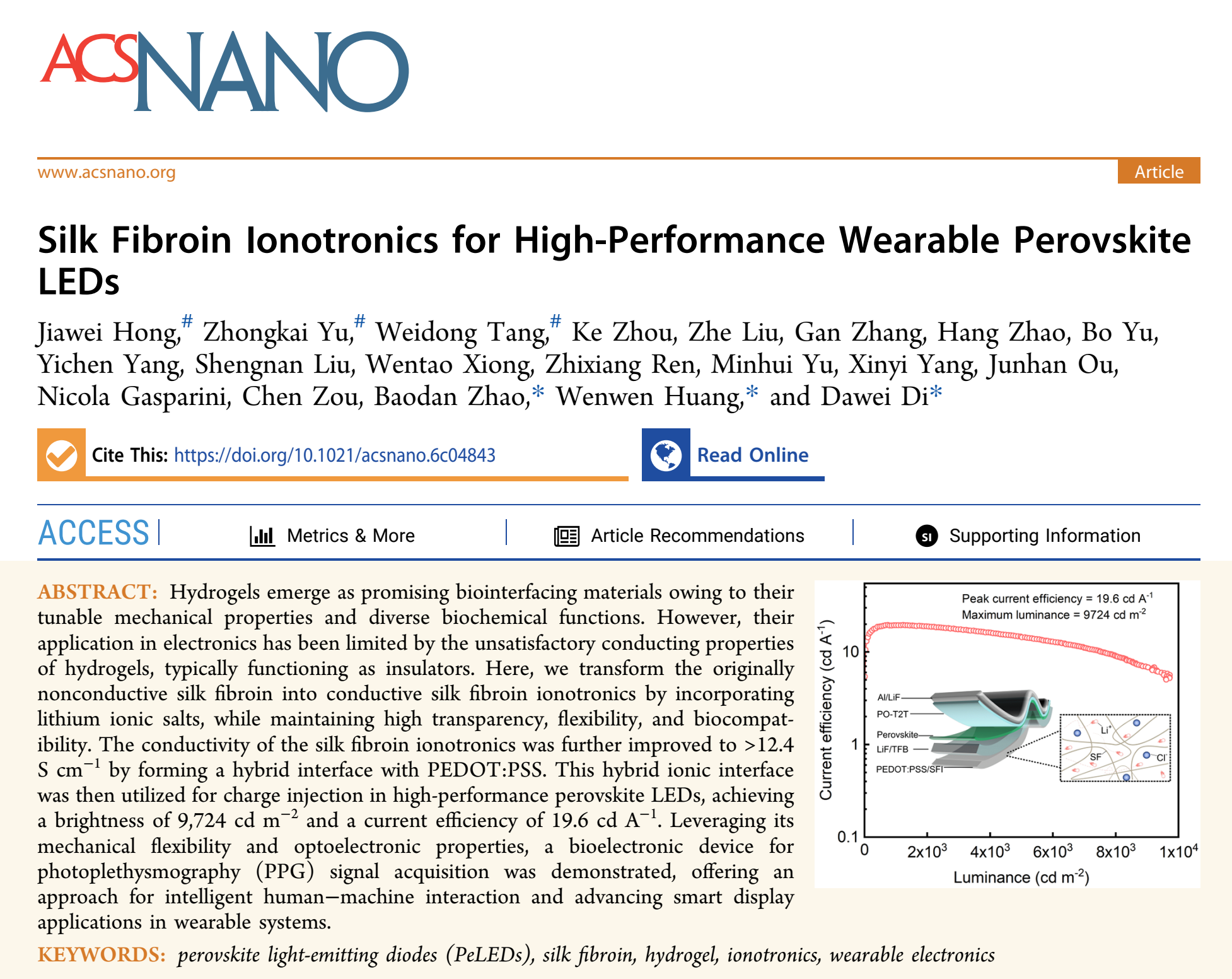 黄雯雯团队 ACS Nano 合作发文：丝素蛋白离子导体助力高性能可穿戴钙钛矿LED